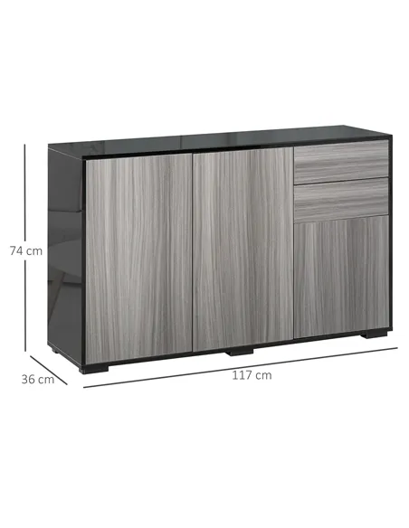 HOMCOM High Gloss Side Cabinet, Push-Open Design with 2 Drawers and 2 Cabinets for Living Room, 74H x 117W x 36Dcm, Light Grey a