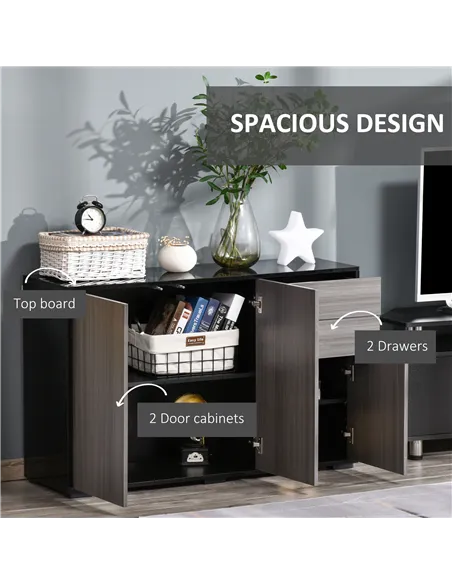 HOMCOM High Gloss Side Cabinet, Push-Open Design with 2 Drawers and 2 Cabinets for Living Room, 74H x 117W x 36Dcm, Light Grey a