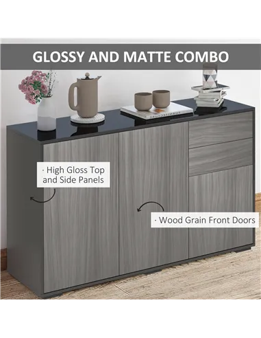 HOMCOM High Gloss Side Cabinet, Push-Open Design with 2 Drawers and 2 Cabinets for Living Room, 74H x 117W x 36Dcm, Light Grey a