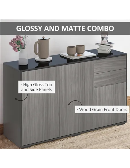 HOMCOM High Gloss Side Cabinet, Push-Open Design with 2 Drawers and 2 Cabinets for Living Room, 74H x 117W x 36Dcm, Light Grey a