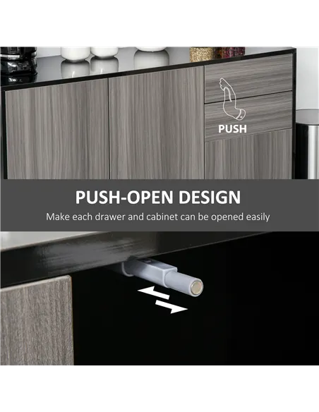 HOMCOM High Gloss Side Cabinet, Push-Open Design with 2 Drawers and 2 Cabinets for Living Room, 74H x 117W x 36Dcm, Light Grey a