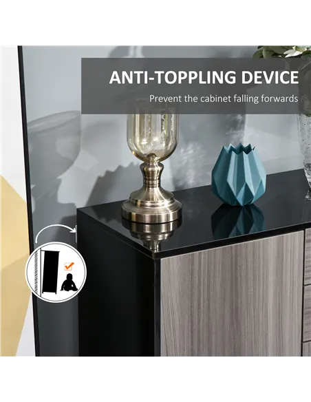 HOMCOM High Gloss Side Cabinet, Push-Open Design with 2 Drawers and 2 Cabinets for Living Room, 74H x 117W x 36Dcm, Light Grey a