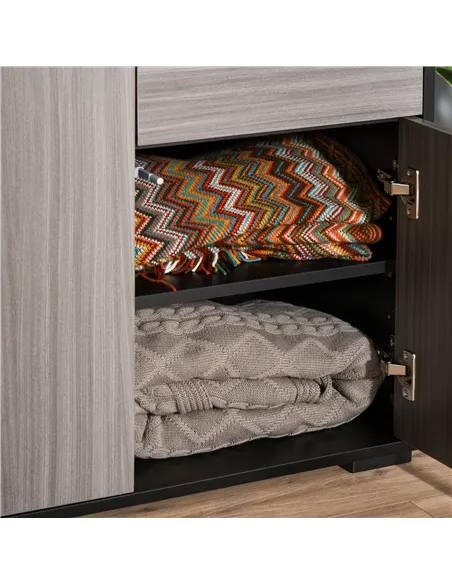 HOMCOM High Gloss Side Cabinet, Push-Open Design with 2 Drawers and 2 Cabinets for Living Room, 74H x 117W x 36Dcm, Light Grey a