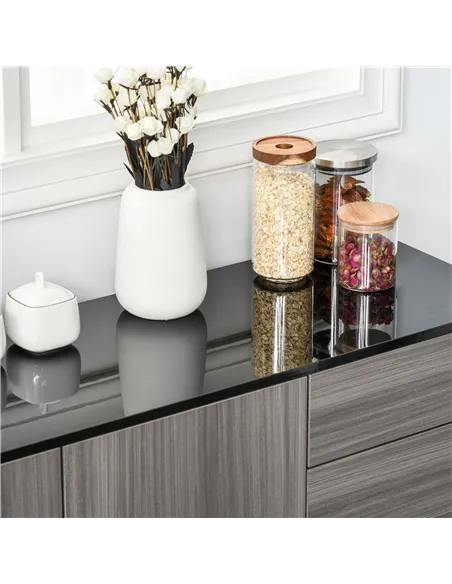 HOMCOM High Gloss Side Cabinet, Push-Open Design with 2 Drawers and 2 Cabinets for Living Room, 74H x 117W x 36Dcm, Light Grey a