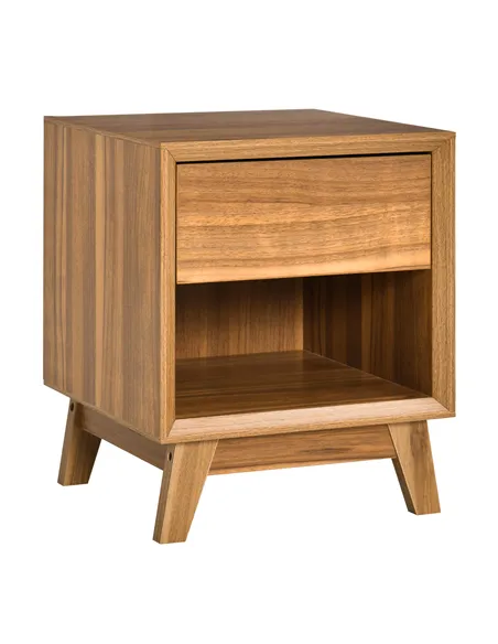 HOMCOM Modern Bedside Table Nightstand, Living Room End Table, Side Table with Drawer and Shelf, Walnut Brown