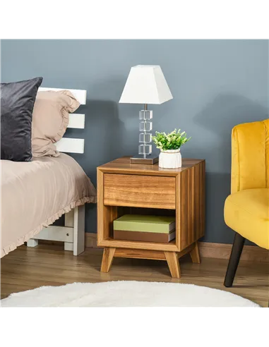 HOMCOM Modern Bedside Table Nightstand, Living Room End Table, Side Table with Drawer and Shelf, Walnut Brown