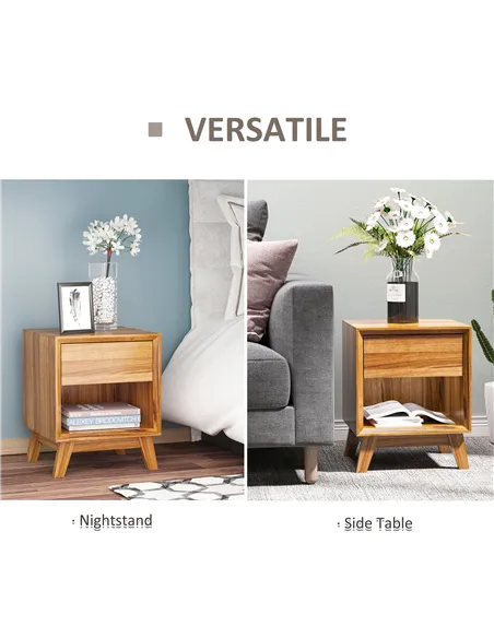 HOMCOM Modern Bedside Table Nightstand, Living Room End Table, Side Table with Drawer and Shelf, Walnut Brown