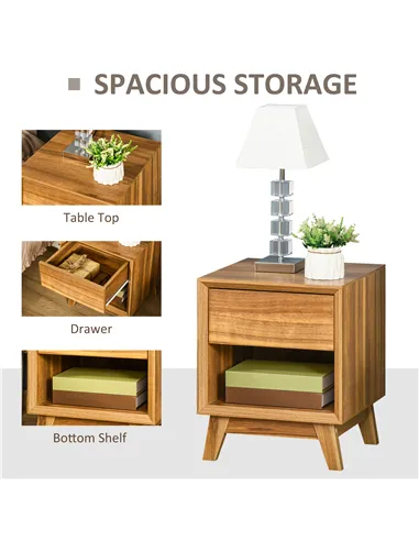 HOMCOM Modern Bedside Table Nightstand, Living Room End Table, Side Table with Drawer and Shelf, Walnut Brown