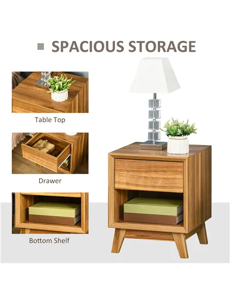 HOMCOM Modern Bedside Table Nightstand, Living Room End Table, Side Table with Drawer and Shelf, Walnut Brown
