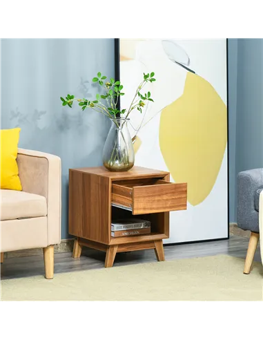 HOMCOM Modern Bedside Table Nightstand, Living Room End Table, Side Table with Drawer and Shelf, Walnut Brown