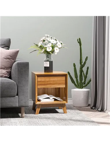 HOMCOM Modern Bedside Table Nightstand, Living Room End Table, Side Table with Drawer and Shelf, Walnut Brown