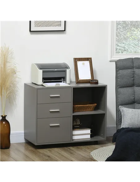 HOMCOM Freestanding Printer Stand Unit Office Desk Side Mobile Storage w/ Wheels 3 Drawers, 2 Open Shelves Modern Style 80L x 40