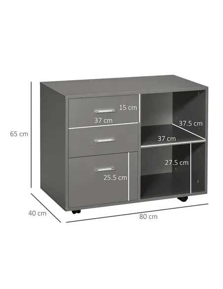 HOMCOM Freestanding Printer Stand Unit Office Desk Side Mobile Storage w/ Wheels 3 Drawers, 2 Open Shelves Modern Style 80L x 40