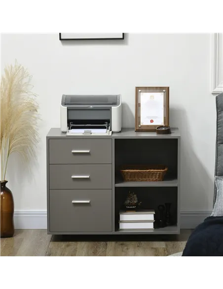 HOMCOM Freestanding Printer Stand Unit Office Desk Side Mobile Storage w/ Wheels 3 Drawers, 2 Open Shelves Modern Style 80L x 40