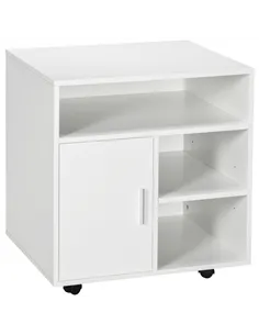 HOMCOM Multi-Storage Printer Stand Unit Office Desk Side Mobile Storage w/ Wheels Modern Style 60L x 50W x 65.5H cm - White