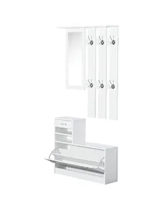 HOMCOM 2PC Shoes Storage Chest Cloths Rack Unit w/Mirror Multiple Shelves Large Storage Capacity Shoes Cabinet 6 Hooks Cloth Rac