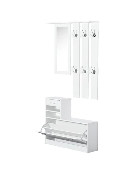 HOMCOM 2PC Shoes Storage Chest Cloths Rack Unit w/Mirror Multiple Shelves Large Storage Capacity Shoes Cabinet 6 Hooks Cloth Rac