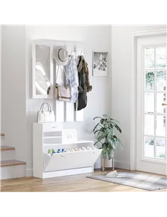 HOMCOM 2PC Shoes Storage Chest Cloths Rack Unit w/Mirror Multiple Shelves Large Storage Capacity Shoes Cabinet 6 Hooks Cloth Rac 2