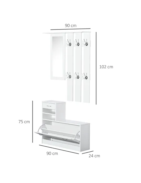 HOMCOM 2PC Shoes Storage Chest Cloths Rack Unit w/Mirror Multiple Shelves Large Storage Capacity Shoes Cabinet 6 Hooks Cloth Rac