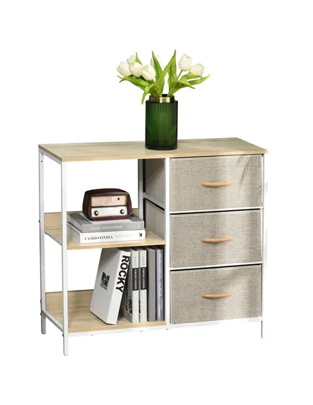 HOMCOM Chest of Drawers Storage  Dresser Cabinet Organizer with 3 Fabric Drawers and 2 Display Shelves for Living Room, Bedroom,