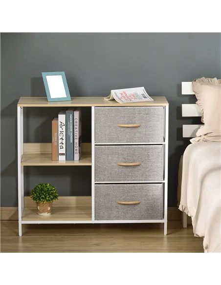 HOMCOM Chest of Drawers Storage  Dresser Cabinet Organizer with 3 Fabric Drawers and 2 Display Shelves for Living Room, Bedroom,
