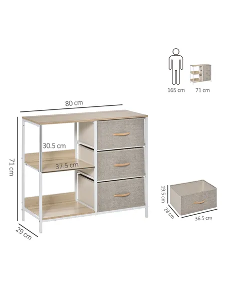 HOMCOM Chest of Drawers Storage  Dresser Cabinet Organizer with 3 Fabric Drawers and 2 Display Shelves for Living Room, Bedroom,