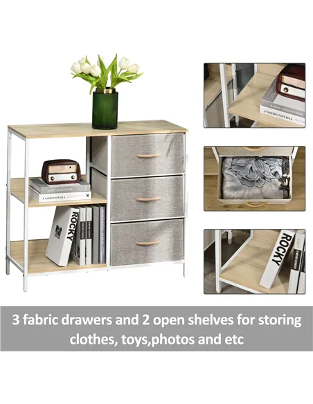 HOMCOM Chest of Drawers Storage  Dresser Cabinet Organizer with 3 Fabric Drawers and 2 Display Shelves for Living Room, Bedroom,