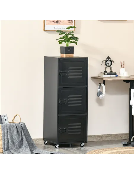 HOMCOM Rolling Storage Cabinet 3-Tier Mobile File Cabinet with Wheels & Metal Doors for Home Office, Living Room, Black