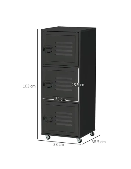 HOMCOM Rolling Storage Cabinet 3-Tier Mobile File Cabinet with Wheels & Metal Doors for Home Office, Living Room, Black