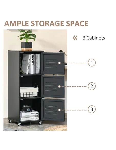 HOMCOM Rolling Storage Cabinet 3-Tier Mobile File Cabinet with Wheels & Metal Doors for Home Office, Living Room, Black