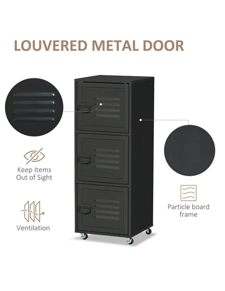 HOMCOM Rolling Storage Cabinet 3-Tier Mobile File Cabinet with Wheels & Metal Doors for Home Office, Living Room, Black