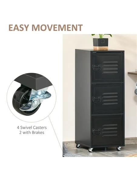 HOMCOM Rolling Storage Cabinet 3-Tier Mobile File Cabinet with Wheels & Metal Doors for Home Office, Living Room, Black