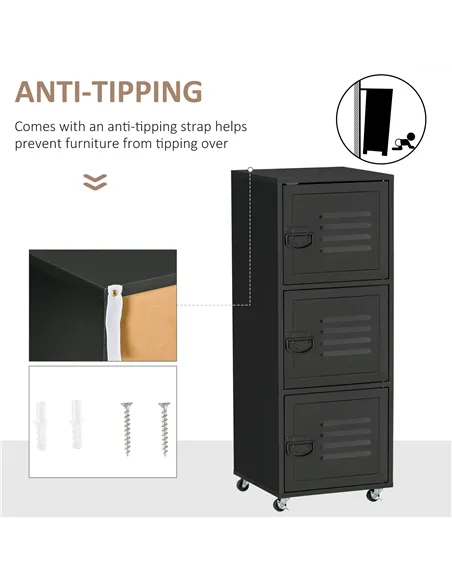 HOMCOM Rolling Storage Cabinet 3-Tier Mobile File Cabinet with Wheels & Metal Doors for Home Office, Living Room, Black