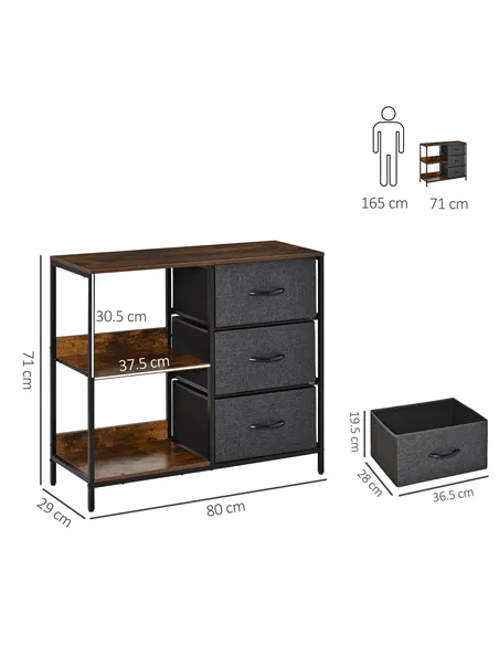 HOMCOM Chest of Drawers Storage  Dresser Cabinet Organizer with 3 Fabric Drawers and 2 Display Shelves for Living Room, Bedroom,