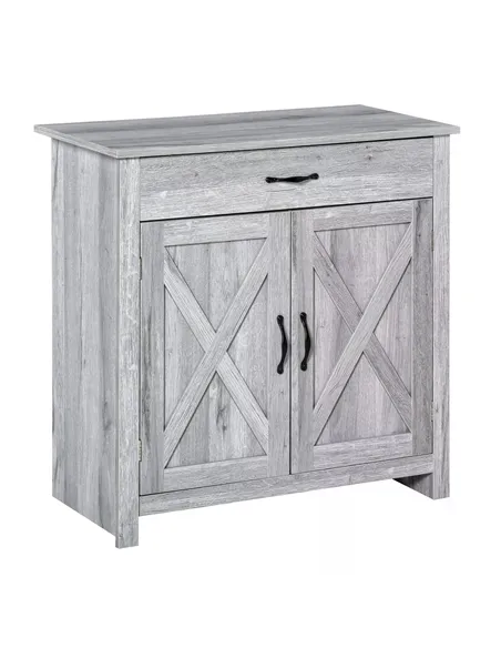 HOMCOM Farmhouse Barn Door Sideboard Storage Cabinet Coffee Bar for LIVING Room – Grey Grain