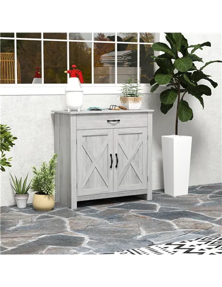 HOMCOM Farmhouse Barn Door Sideboard Storage Cabinet Coffee Bar for LIVING Room – Grey Grain