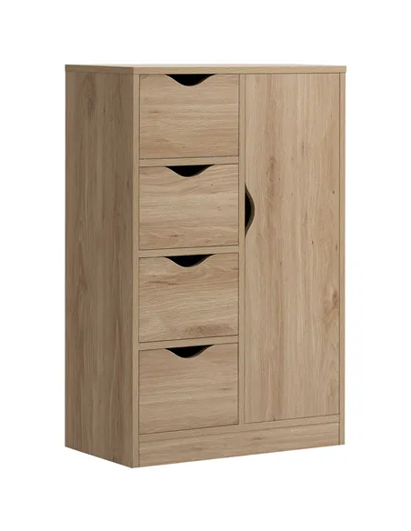 HOMCOM Bathroom Cabinet, Freestanding Storage Cabinet with 4 Drawers, Door Cupboard for Living Room, Kitchen, Bedroom, Natural