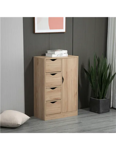 HOMCOM Bathroom Cabinet, Freestanding Storage Cabinet with 4 Drawers, Door Cupboard for Living Room, Kitchen, Bedroom, Natural
