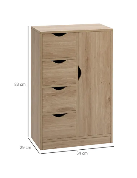 HOMCOM Bathroom Cabinet, Freestanding Storage Cabinet with 4 Drawers, Door Cupboard for Living Room, Kitchen, Bedroom, Natural