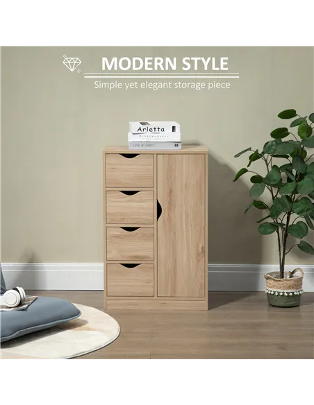 HOMCOM Bathroom Cabinet, Freestanding Storage Cabinet with 4 Drawers, Door Cupboard for Living Room, Kitchen, Bedroom, Natural