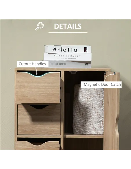 HOMCOM Bathroom Cabinet, Freestanding Storage Cabinet with 4 Drawers, Door Cupboard for Living Room, Kitchen, Bedroom, Natural