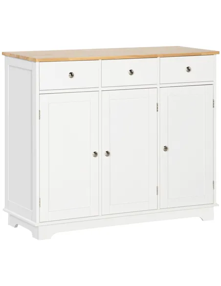 HOMCOM Sideboard with Rubber Wood Top, Modern Storage Cabinet, Kitchen Cupboard with 3 Doors, 3 Drawers and 3 Adjustable Shelves
