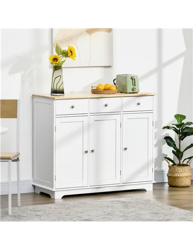 HOMCOM Sideboard with Rubber Wood Top, Modern Storage Cabinet, Kitchen Cupboard with 3 Doors, 3 Drawers and 3 Adjustable Shelves