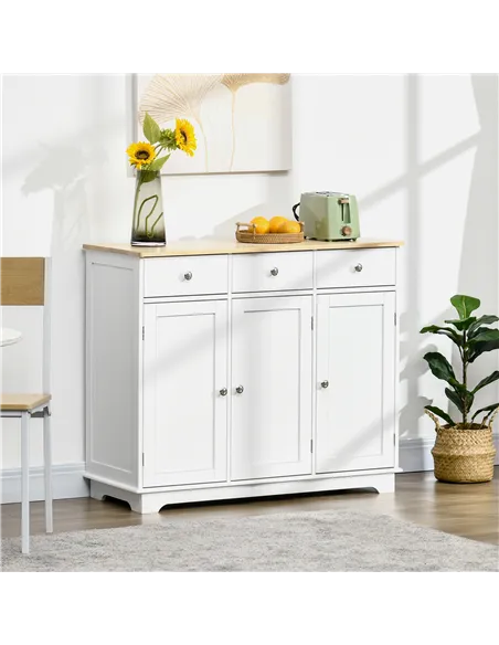 HOMCOM Sideboard with Rubber Wood Top, Modern Storage Cabinet, Kitchen Cupboard with 3 Doors, 3 Drawers and 3 Adjustable Shelves