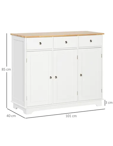 HOMCOM Sideboard with Rubber Wood Top, Modern Storage Cabinet, Kitchen Cupboard with 3 Doors, 3 Drawers and 3 Adjustable Shelves