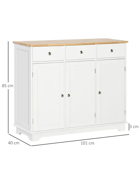 HOMCOM Sideboard with Rubber Wood Top, Modern Storage Cabinet, Kitchen Cupboard with 3 Doors, 3 Drawers and 3 Adjustable Shelves