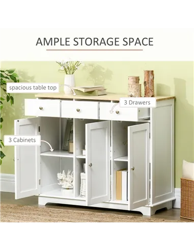 HOMCOM Sideboard with Rubber Wood Top, Modern Storage Cabinet, Kitchen Cupboard with 3 Doors, 3 Drawers and 3 Adjustable Shelves