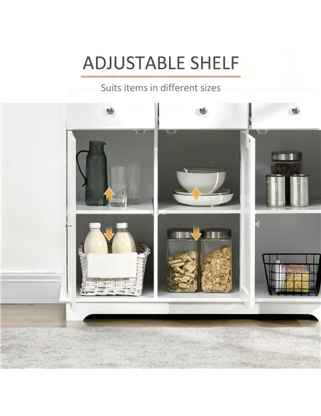 HOMCOM Sideboard with Rubber Wood Top, Modern Storage Cabinet, Kitchen Cupboard with 3 Doors, 3 Drawers and 3 Adjustable Shelves