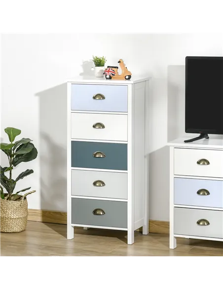 HOMCOM Slim Storage Cabinet Organiser, Chest of Drawers, 5-Drawer Dresser with Metal Handle for Living Room, Bedroom, Blue