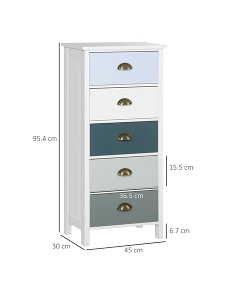 HOMCOM Slim Storage Cabinet Organiser, Chest of Drawers, 5-Drawer Dresser with Metal Handle for Living Room, Bedroom, Blue